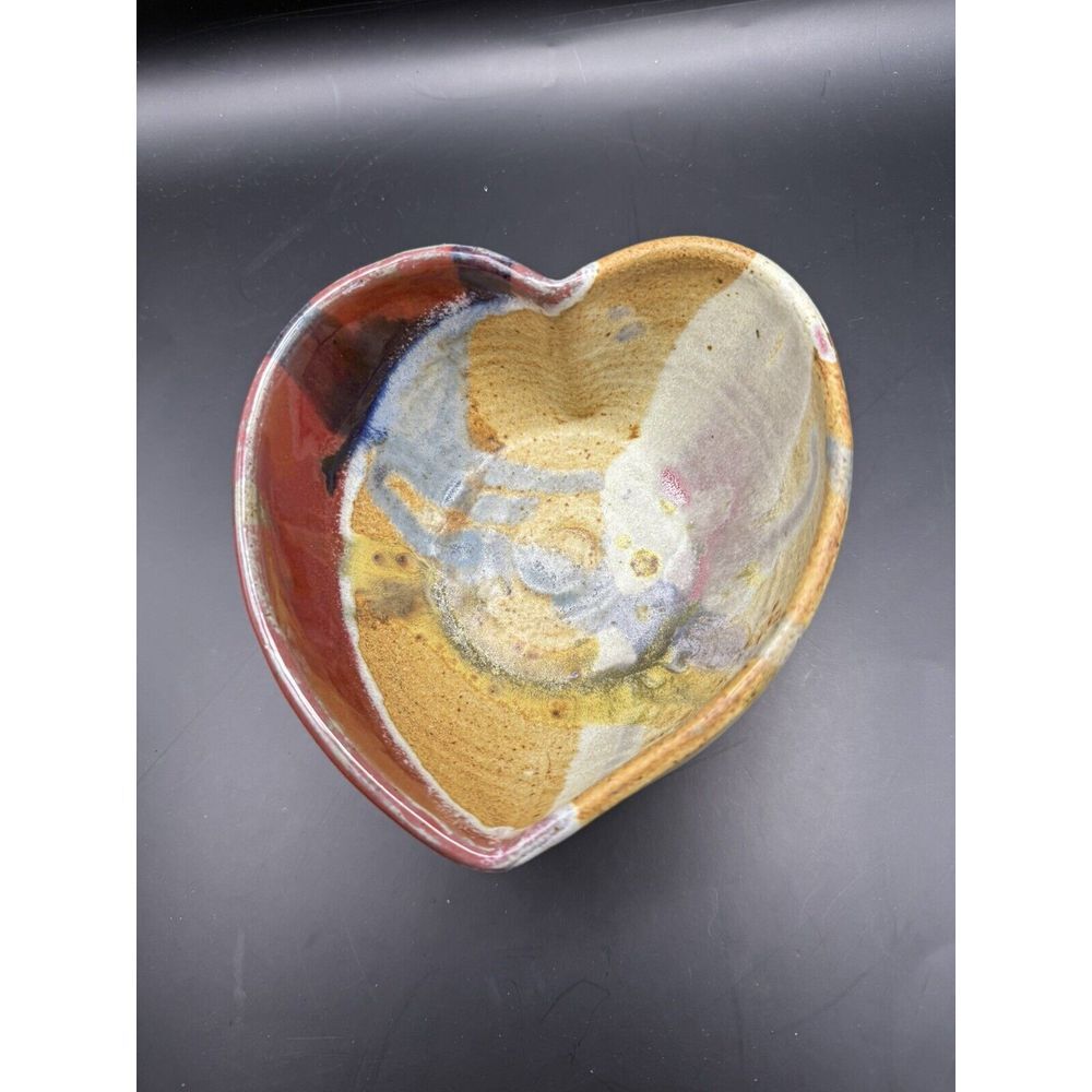 Heart‎ Shaped Stoneware Pottery Bowl Signed Glazed Multicolor Drip